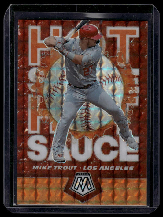 2021 Panini Mosaic #HS1 Mike Trout Hot Sauce Reactive Yellow #/99