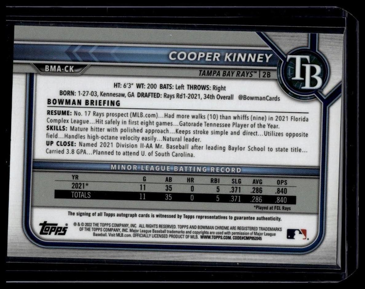 2022 Bowman #BMA-CK Cooper Kinney Chrome Prospect Autographs Mojo Refractor