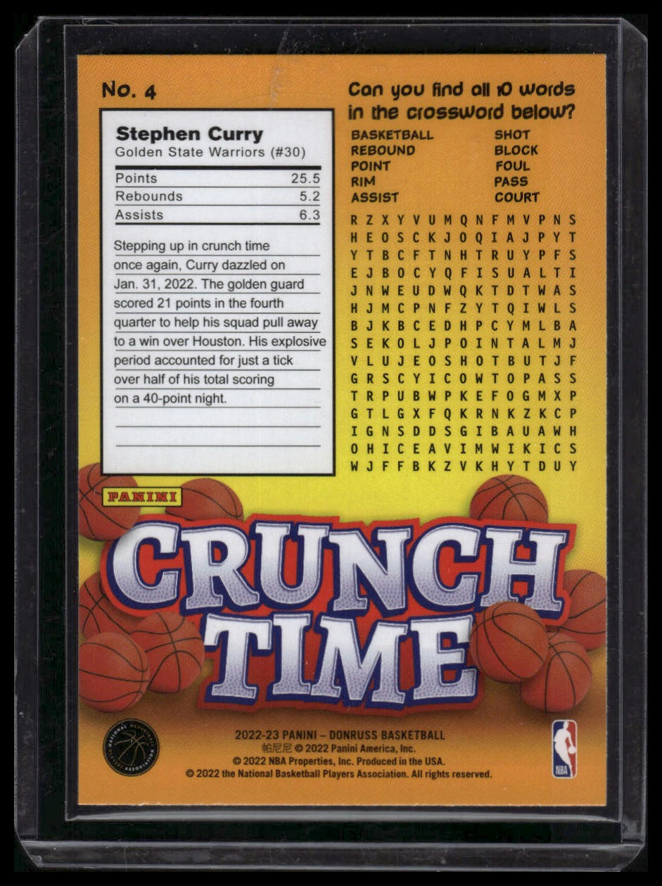 2022-23 Donruss #4 Stephen Curry Crunch Time Purple Press Proof